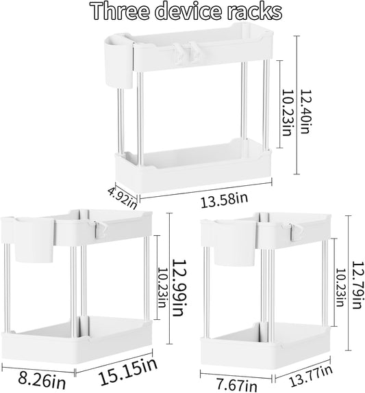 3 Pack Under Sink Organizer Bathroom and Storage Cabinet (White) | 2 Tier with Hanging Cups for Kitchen