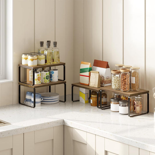 Cabinet Organizer Shelf, Set of 2 Kitchen Counter Shelves, Expandable Kitchen Storage, Stackable Bamboo Spice Rack, for Kitchen, Countertop, Office Desk, Bathroom, Natural and Black YB30TL01