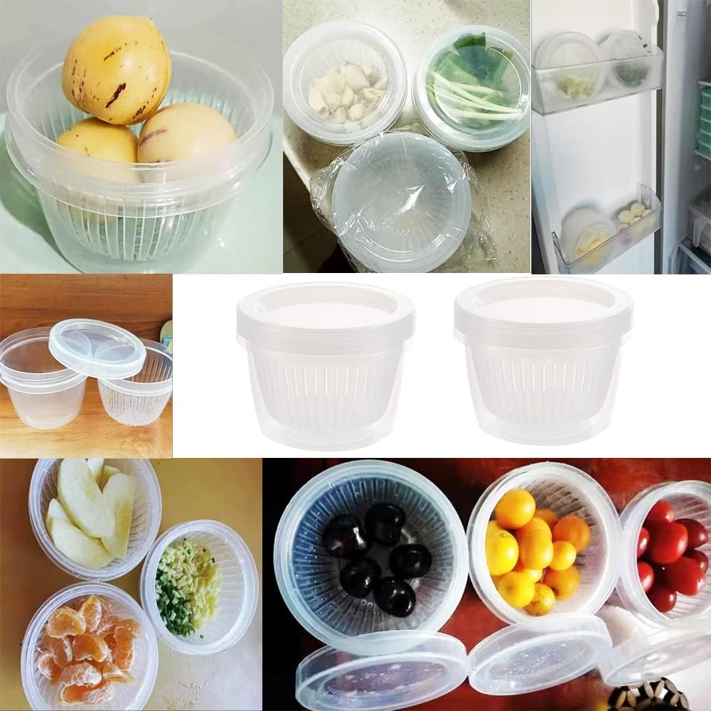4 Pack Onion Keeper Onion Saver Storage Container 2 Layer with Strainer Odor-Free 0.5L Holder Organizer for Refrigerator Chopped Ginger Garlic Fridge Berry Blueberries Tomato Avocado Lemon
