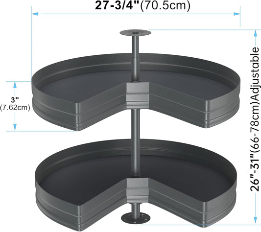 28" Kidney Lazy Susan for Cabinet,270° Height Adjustable Replacement Shelves for Kitchen Corner Cabinet, Metal, Dark Gray (Cannot Be Door-Mounted)