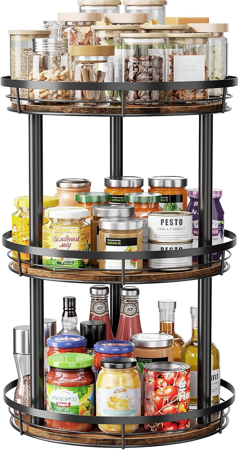 LAMU 10'' Wood Lazy Susan Spice Rack Organizer, 2 Tier Spice Organization for Cabinet, Countertop, Kitchen, Table Top, Pantry, Condiment and Seasoning Rack Organizer