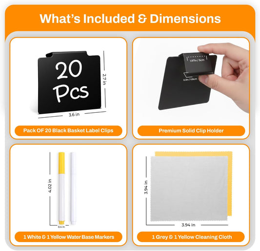 20 Pcs Basket Labels Clip on for Pantry Organization and Storage bin Labels with 2 Markers and 2 Wipe Cloths Reusable Chalk Basket Labels - Black Bin Labels Clip on Chalkboard Basket Tags