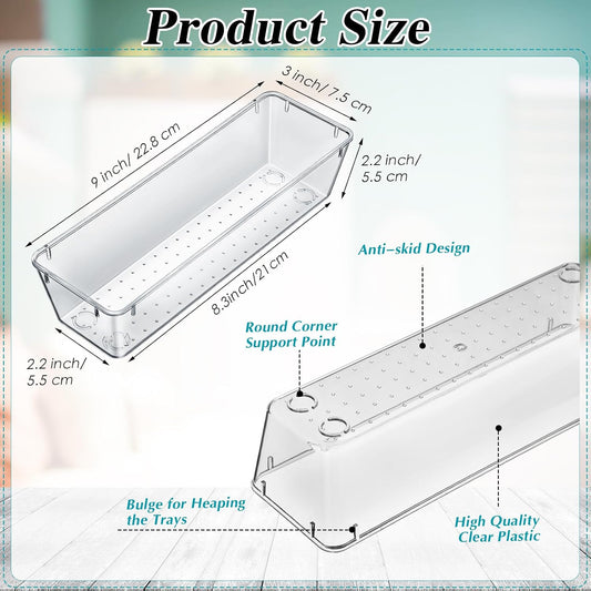 12 Pcs Plastic Drawer Organizers, Silverware Tray, 9 x 3 x 2, Clear