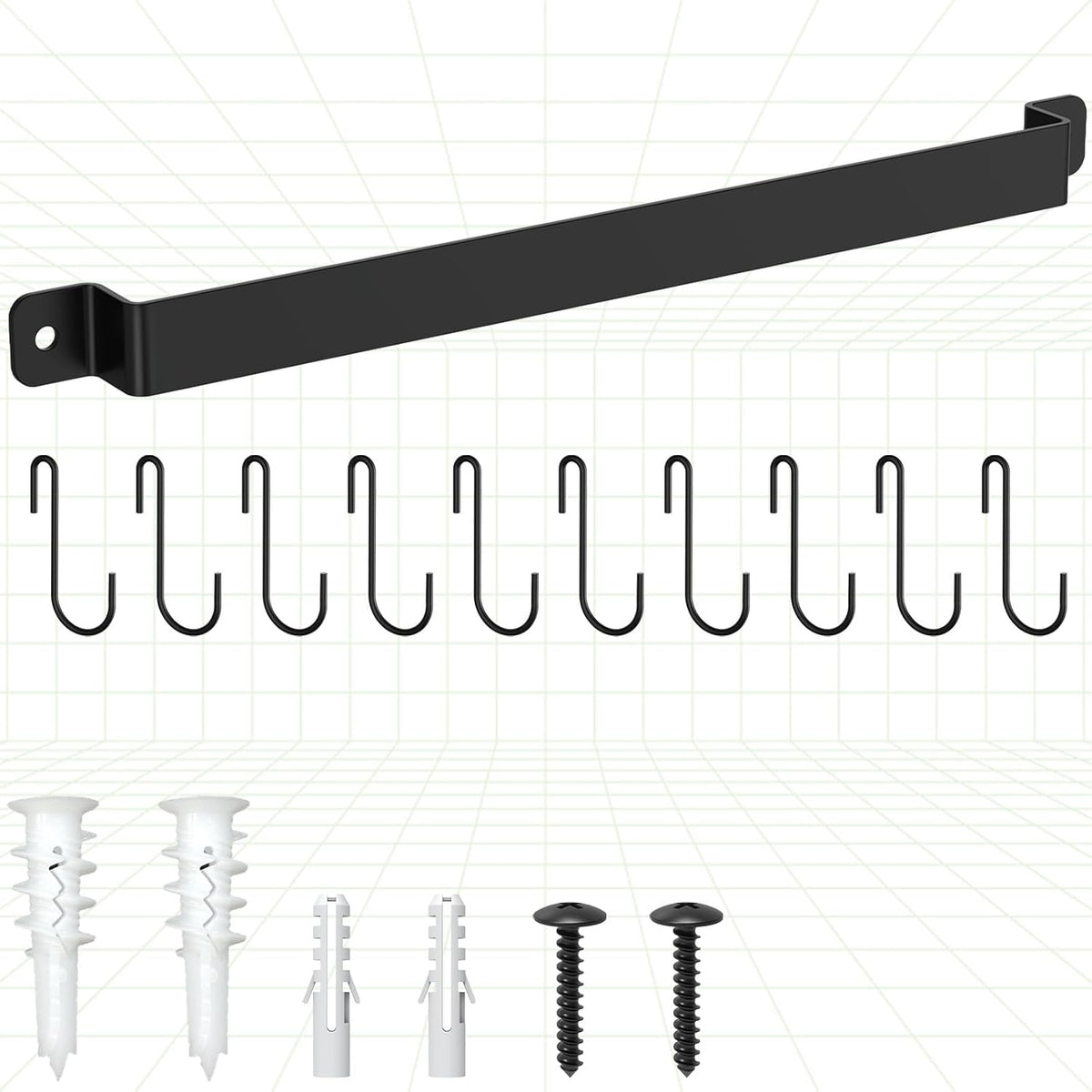 Wall Mount Kitchen Pot Pan Utensil Hanging Rail Rack with 10 S Hooks