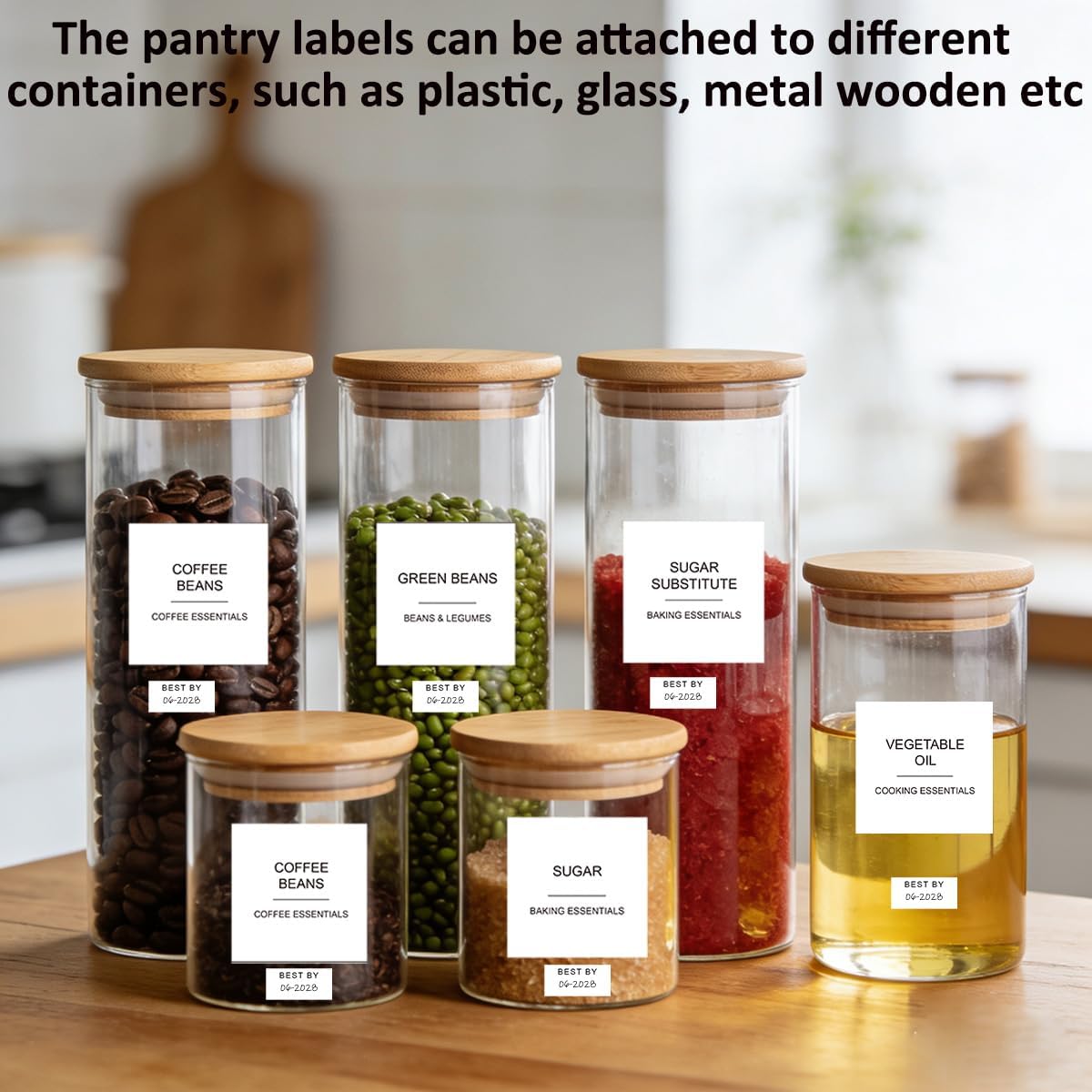 300pcs Pantry Labels for Food Containers, Preprinted Minimalist Waterproof Stickers Removable White Kitchen Food Labels Expiration Date Labels for Organizing Storage Bins Jars Bottles Boxes