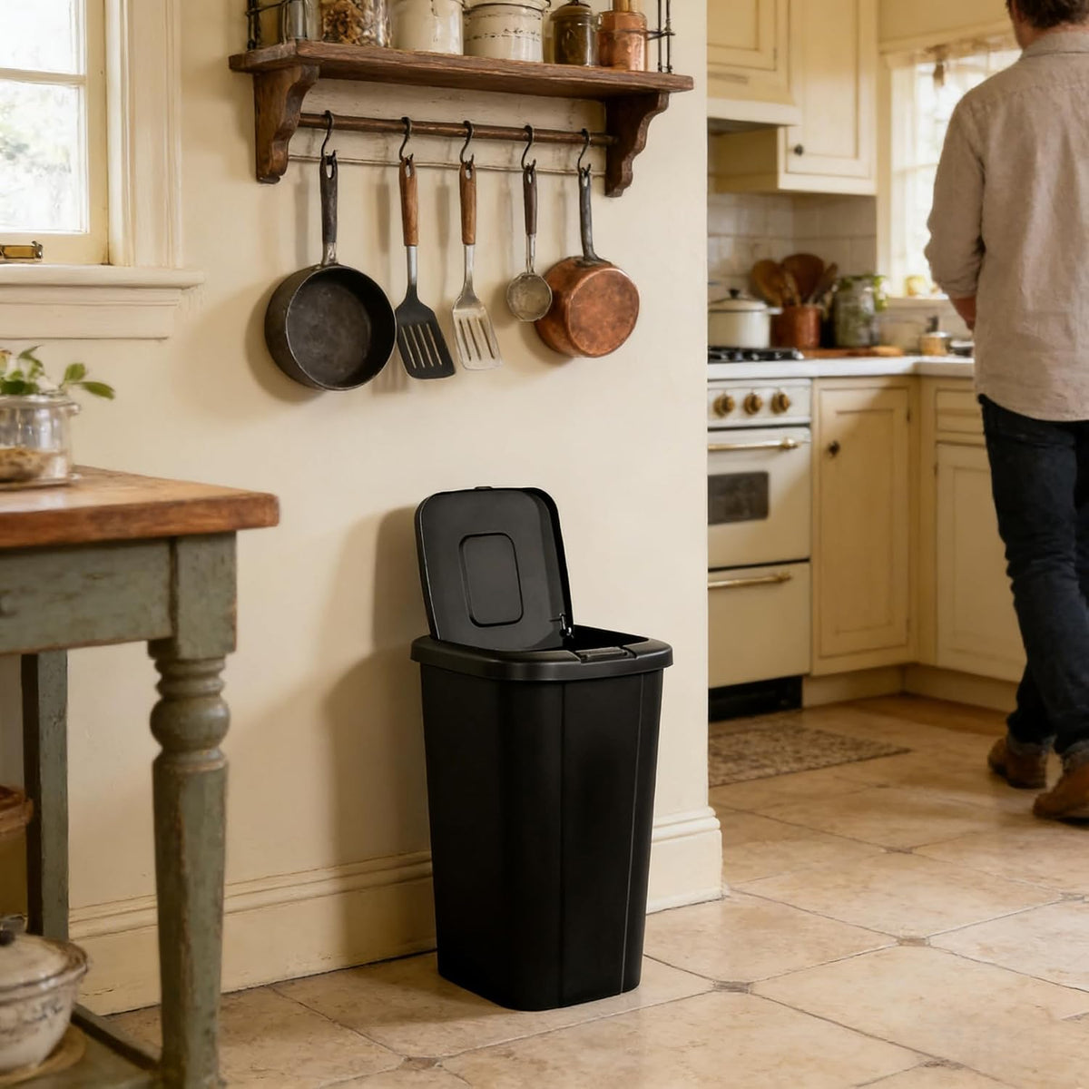 13.3 Gallon Trash Can, Touch Top Push Button Lid, Black Durable Plastic