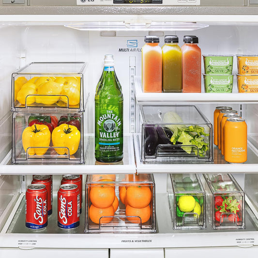 Clear Stackable Storage Drawers for Refrigerator (Medium) | Pull-out acrylic compartments with handles keep pantry and kitchen items accessible and chilled contents easy to view.