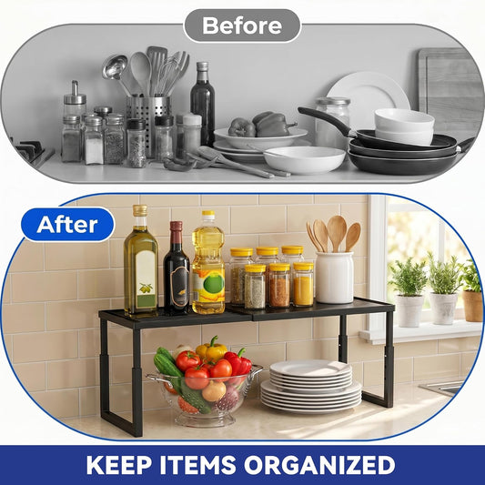 Expandable Cabinet Shelf Organizer, Stackable Kitchen Countertop Storage Shelves, Heavy Duty Adjustable Pantry Organizer Rack for Cabinet, Cupboard, Under Sink & Spice Storage