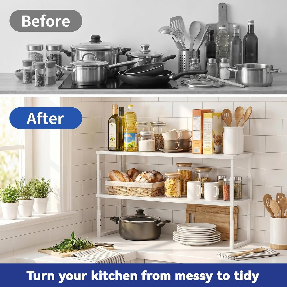 Expandable Cabinet Shelf Organizer, Stackable Kitchen Countertop Storage Shelves, Heavy Duty Adjustable Pantry Organizer Rack for Cabinet, Cupboard, Under Sink & Spice Storage