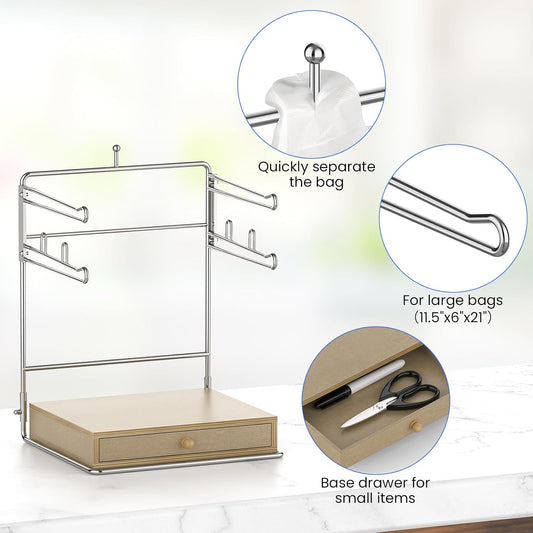Plastic Grocery Bag Holder, Chrome T-Shirt Bag Rack, Plastic Bag Organizer with Wooden Drawers Base for Grocery Store, Supermarket, Restaurant, Business (Brown)