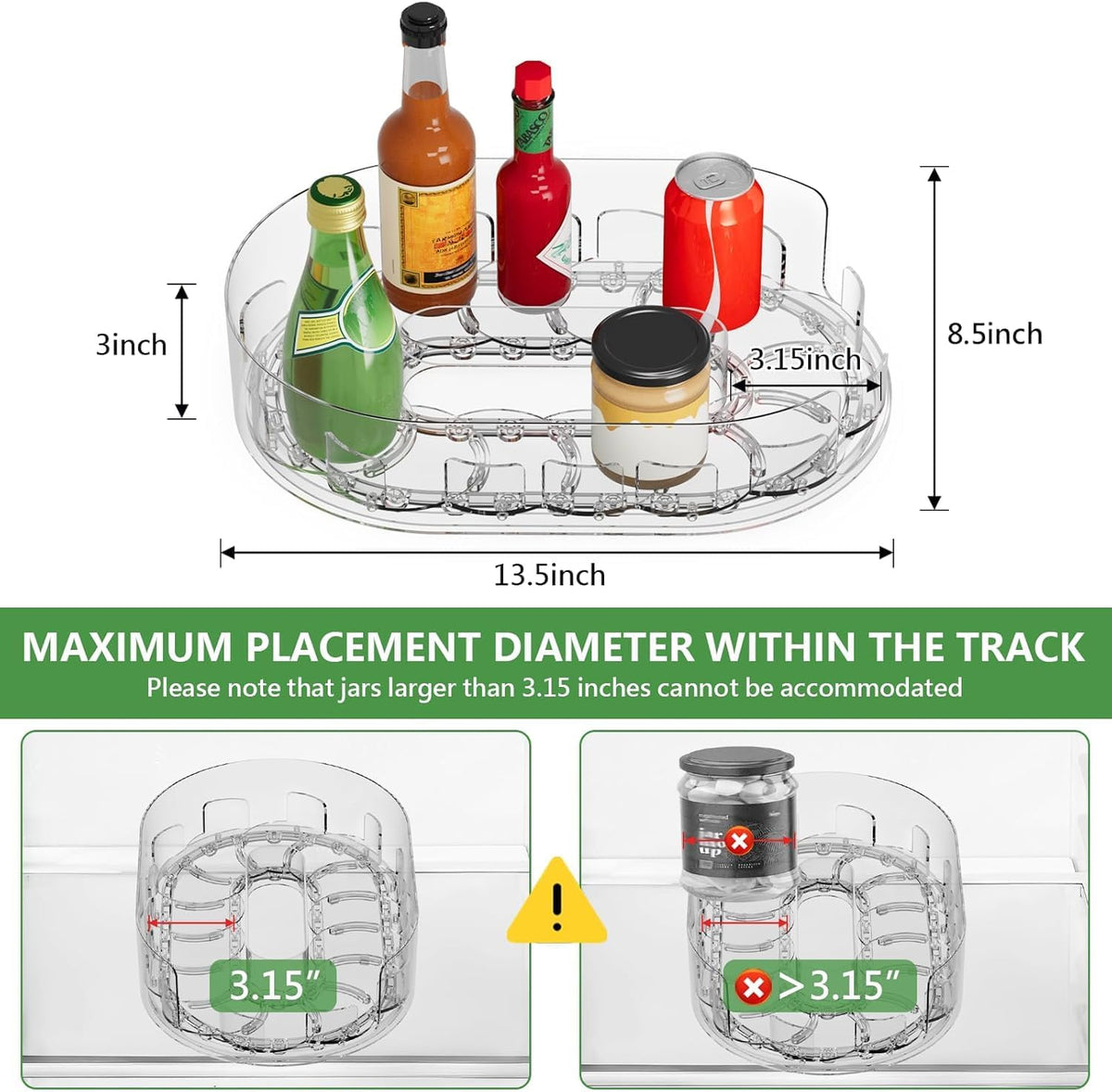 Lazy Susan Turntable Organiser for Fridge, 360°Rotating Spice Racks for Kitchen Cabinet, Fridge and Pantry Organizer, 33 X 7.5cmClear PET Revolving Condiment Holder