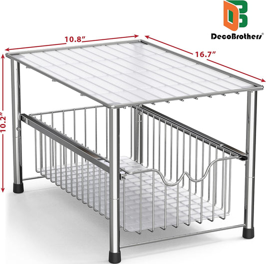 Stackable Under Sink Organizer with Sliding Basket, Chrome
