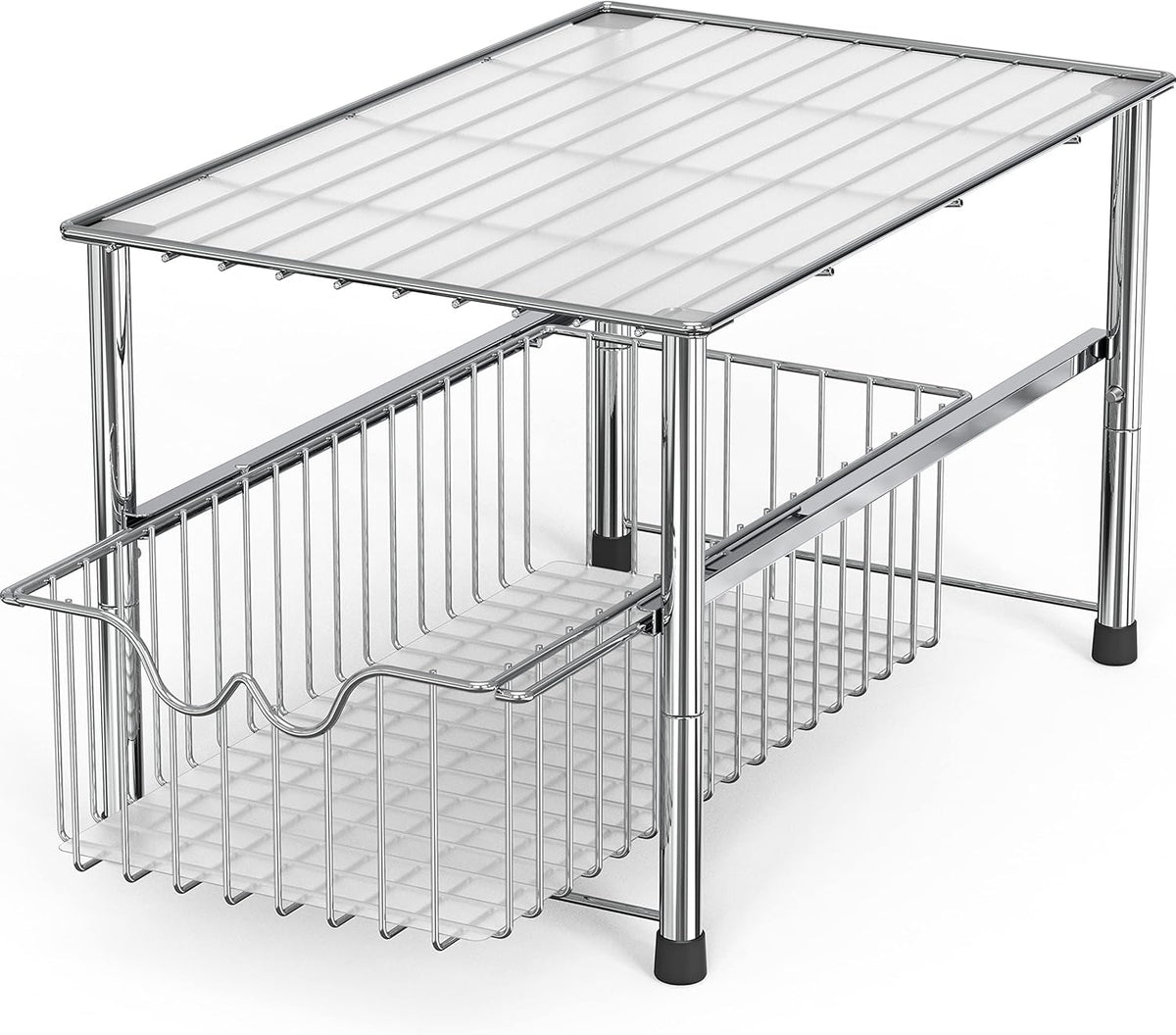 Stackable Under Sink Organizer with Sliding Basket, Chrome