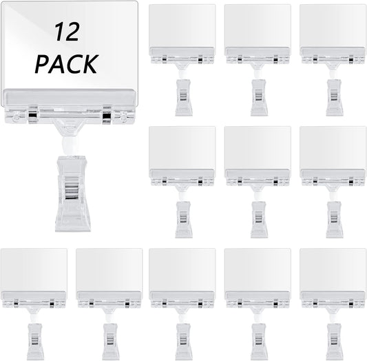 Rotating Clip Swivel Sign Holder, Clear, 12 Pcs | Rotatable Holding Clamp, Price Display Holder, PVC Card Protector, For Shelves Store Business Exhibition