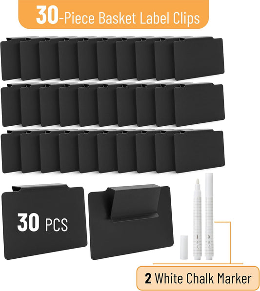 Basket Labels Clip On Set | 30 Removable Bin Labels Basket Tags for Storage Bins With 2 White Chalk Markers for Organization