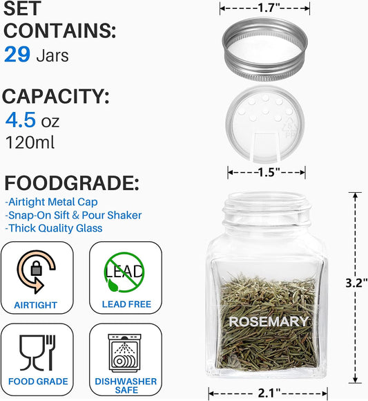 Glass Spice Jars with 372 Labels, 29 Pcs 4.5 oz Seasoning Containers