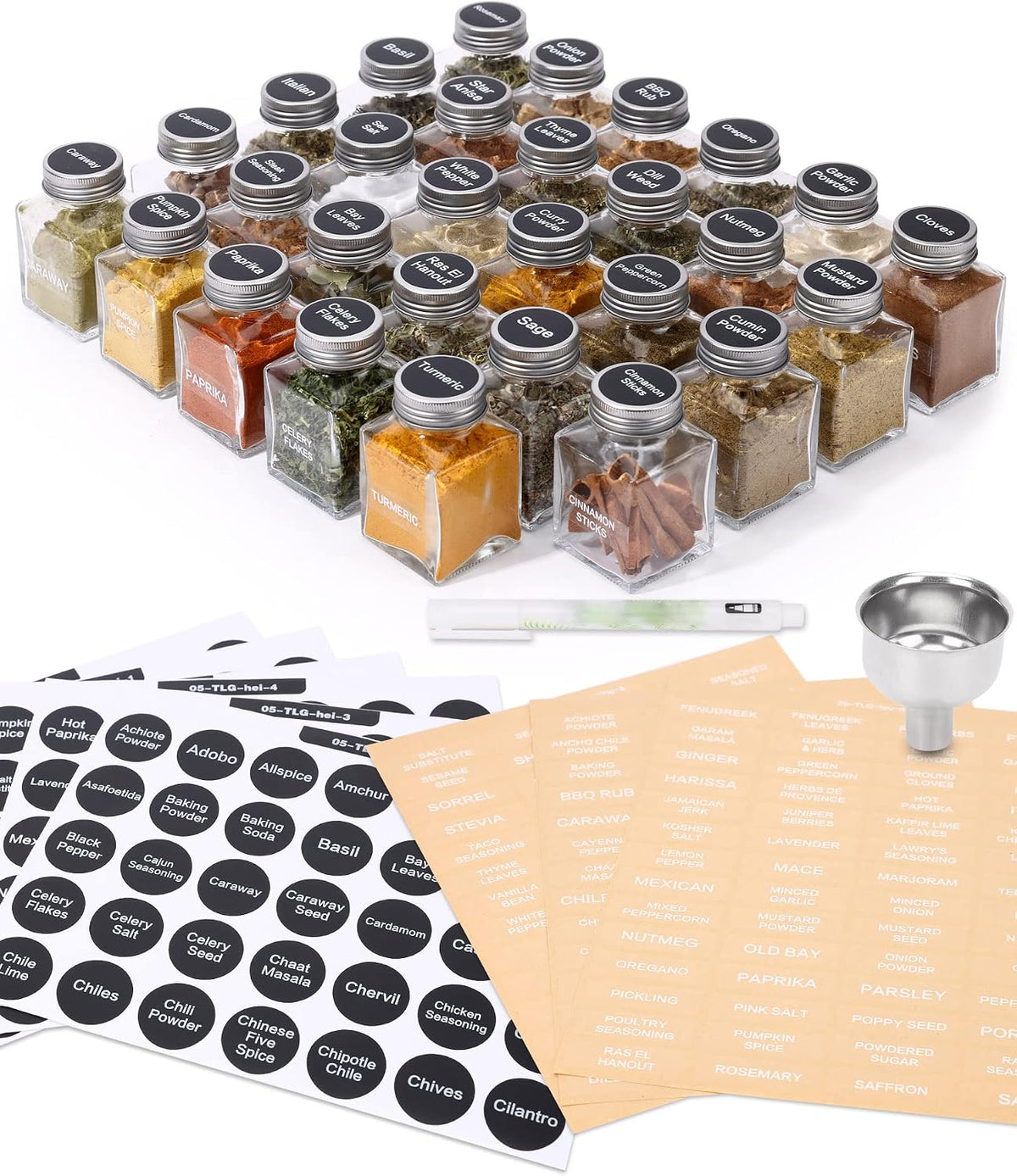 Glass Spice Jars with 372 Labels, 29 Pcs 4.5 oz Seasoning Containers