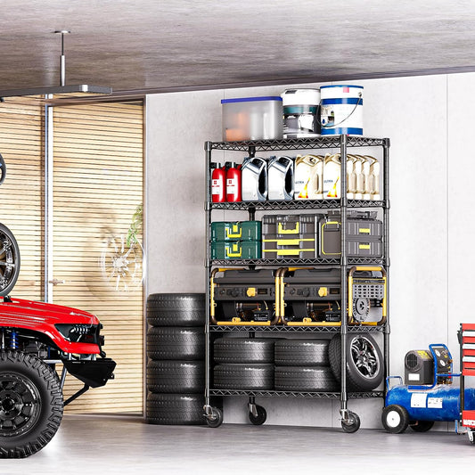 5-Tier Adjustable Heavy Duty Steel Wire Shelving Unit with Wheels, Storage Rack Organizer for Garage, Kitchen, Office, Laundry, Basement (Black, 17.7" D x 47.2" W x 76.7" H, 1750 lbs Capacity)
