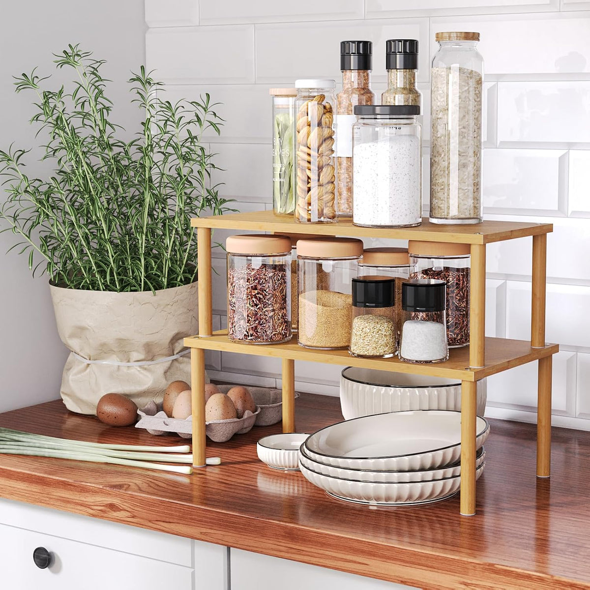 2 Pack Cabinet Organizer Shelf,Bamboo Countertop(Large,Natural) | Kitchen Counter Shelves,Spice Rack Countertop and Cabinet,Cabinet Storage,Counter Organizer,Stackable Shelves