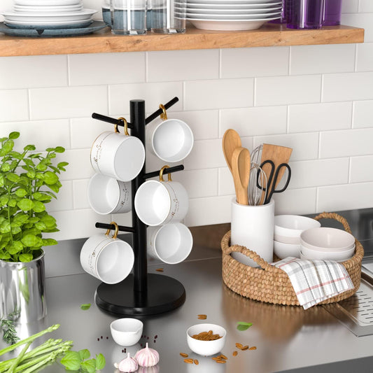 Coffee Mug Holder with 6 Hooks, Bamboo Mug Tree Stand for Countertop, Black