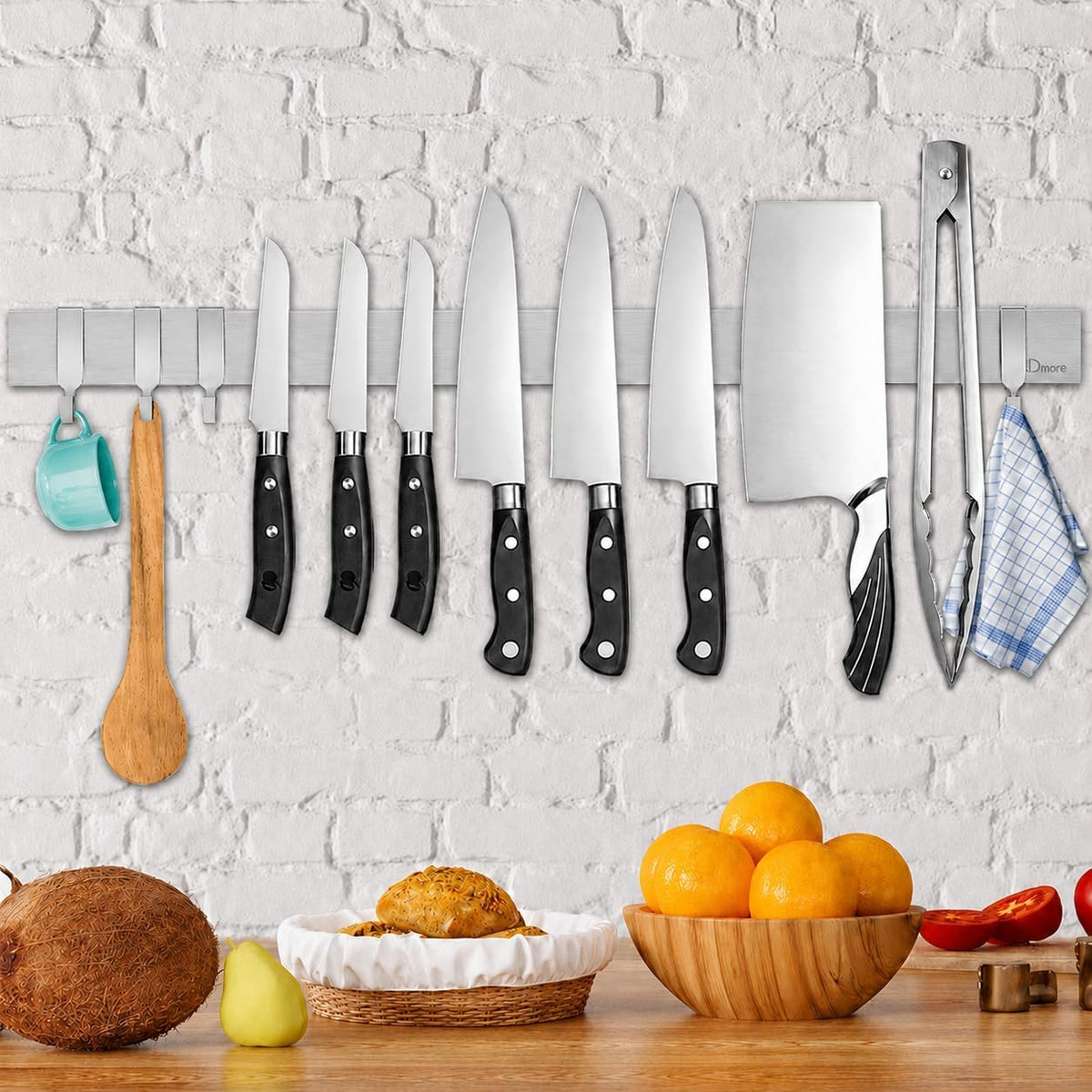 Dmore magnetic knife holder for wall—with 3 hooks, No Drilling, 16 Inch