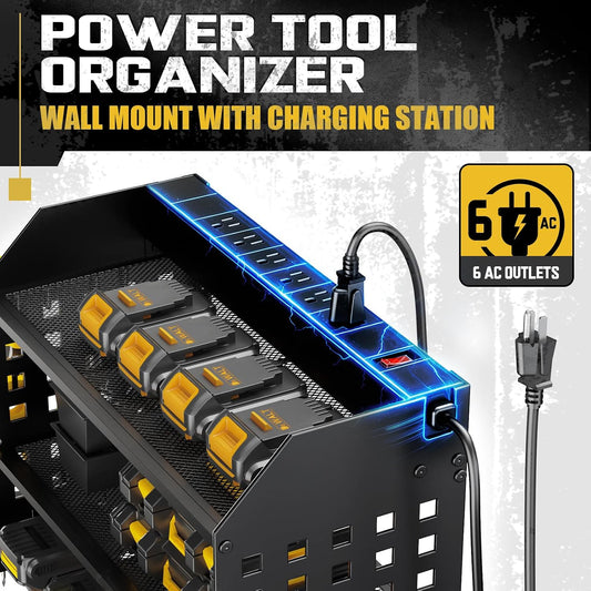 Power Tool Organizer with Charging Station 6 Outlets, 3-Layer Heavy Duty Wall Mount Drill Storage Rack, Cordless Tool with Utility Shelf, Garage Organization and Storage for Workshop- Black