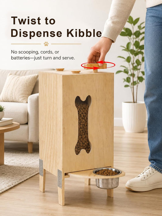 Wooden Dog Food Dispenser with Raised Bowl, Up to 30 lb Kibble Storage