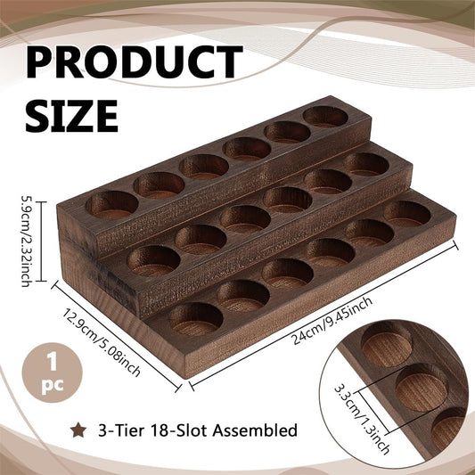 3-Tier 18 Slots Wooden Essential Oil Organizer, Vintage Brown Wood Essential Oil Display Stand Makeup Storage Rack for Tabletop Essential Oils Perfume Nail Polish, Slot ID: 1.3inch