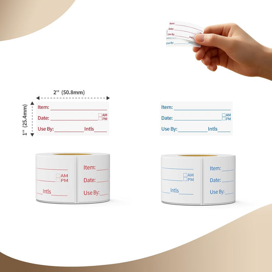 300 Labels Removable Food Labels, 1 x 2 Kitchen Labels 150 Labels per Roll, Date Stickers for Freezer, Refrigerator Food Containers, No Residue(2 Rolls, 2 Colors)