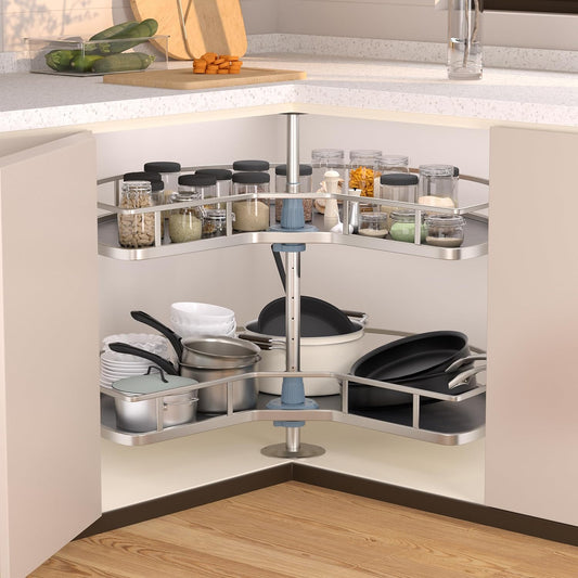 28" Kidney Lazy Susan for Corner Cabinet, 2-Tier Height Adjustable