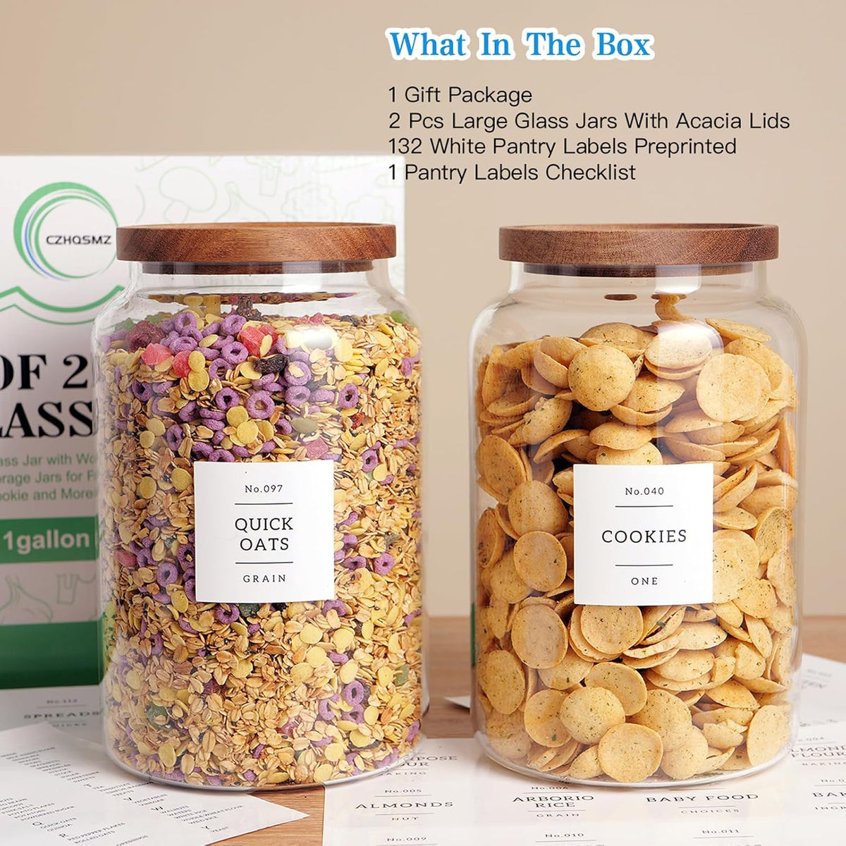 Set of 2 Large Glass Jar with Airtight Acacia Lid and 132 Kitchen Pantry Labels, Clear Glass Food Storage Jars Containers for Rice Flour Pasta Sugar Coffee Cookie and More(98 Fl Oz/2800 Ml)