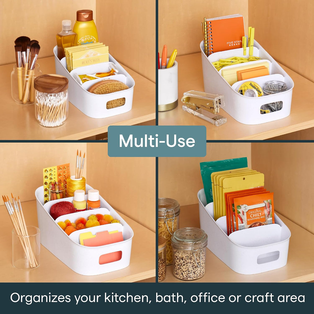 ShelfBin Packet Organizer, 4-Tier Stairstep Raised Divided Bin, BPA-Free Storage Caddy for Kitchen Pantry and Cabinet Organization, Tea Bags, Medicine, and More