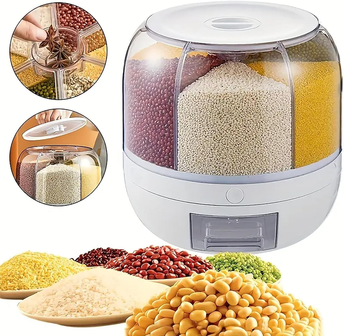 360° Rotating Grain Dispenser, 6-Grid Large Rice Storage Container (13 Lbs), One-Click Output Sealed Food Storage for Rice, Beans, Cereal - Countertop Kitchen Organization