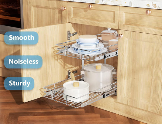 Individual Pull Out Cabinet Organizer, 2 Tier Slide Out Cabinet Drawers, Pots and Pans Organizer and Storage Pantry Shelf for Kitchen (17" W x 21" D)