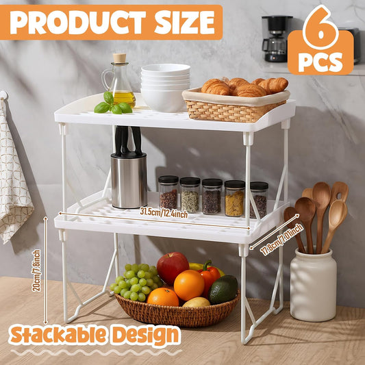 6 Pack Stackable Plastic Kitchen Storage Shelf Foldable Racks, Pantry Shelf Cabinet Organizers, Expandable Storage Rack for Cabinet Fridge Bathroom (12.4 X 7.6 x 6.3,Plastic)