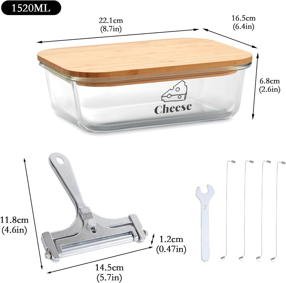 Cheese Container for Refrigerator,Glass cheese slice holder with Wooden Lid&Cheeses Cutter,Lunch Deli Meat Containers for Fridge,BPA-Free Shredded Cream Block Cheeses Storage Box keeper