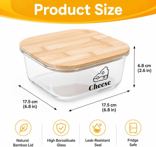 Cheese Container for Refrigerator,Glass cheese slice holder with Wooden Lid,Lunch Deli Meat Containers for Fridge,BPA-Free Shredded Cream Block Sliced,Grated,CheddarCheeses Storage Box Saver keeper