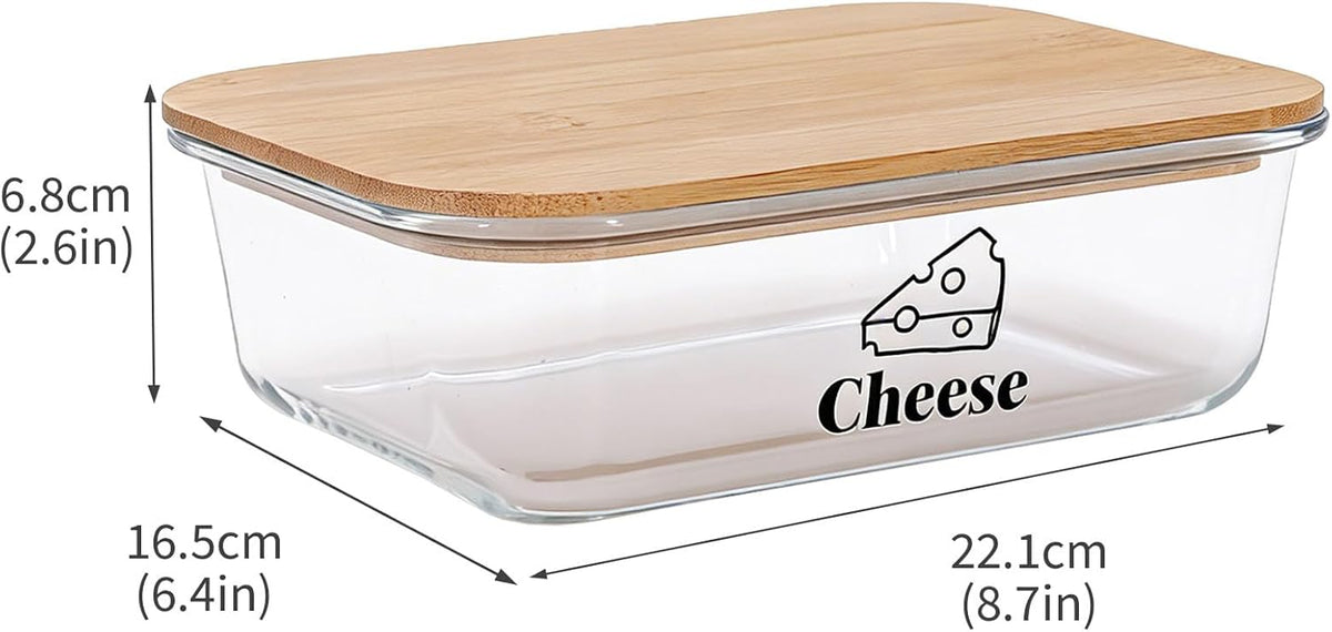 Cheese Container for Refrigerator,Glass cheese slice holder with Wooden Lid,Lunch Deli Meat Containers for Fridge,BPA-Free Shredded Cream Block Sliced,Grated,CheddarCheeses Storage Box Saver keeper