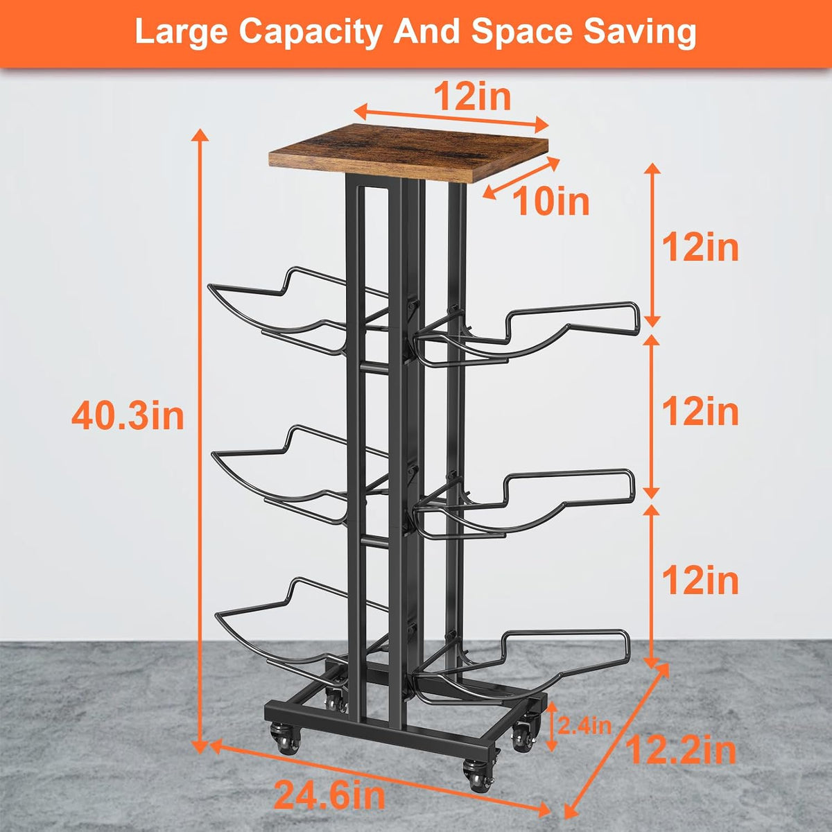 5 Gallon Water Jug Holder,3 Tier Foldable Heavy Duty Water Jug Stand Water Bottle Holder Organizer with Lockable Casters Water Dispenser Stand Rack with Removable Wood Top Shelf for 6 Bottles,Brown