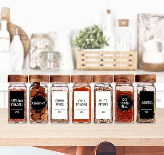 36 Pack 4oz Glass Spice Jars with 547 Labels, Acacia Wood Lids | Empty Square Spice Bottles with Acacia Wood lids, Labels, Funnel & Chalk Pen. Keep Seasoning Containers Neat and Organized