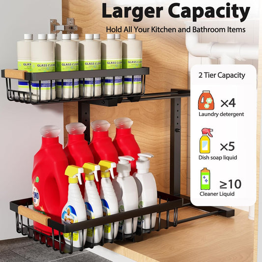 Under Sink Organizer 2 Pack, 2 Tier Slide Out Large Capacity Height Adjustable Under Sink Organizers and Storage for Kitchen Bathroom Cabinet, White