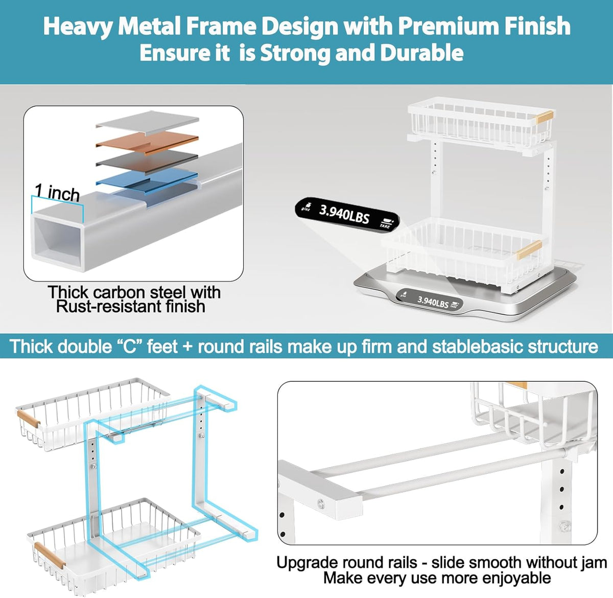 Under Sink Organizer 2 Pack, 2 Tier Slide Out Large Capacity Height Adjustable Under Sink Organizers and Storage for Kitchen Bathroom Cabinet, White