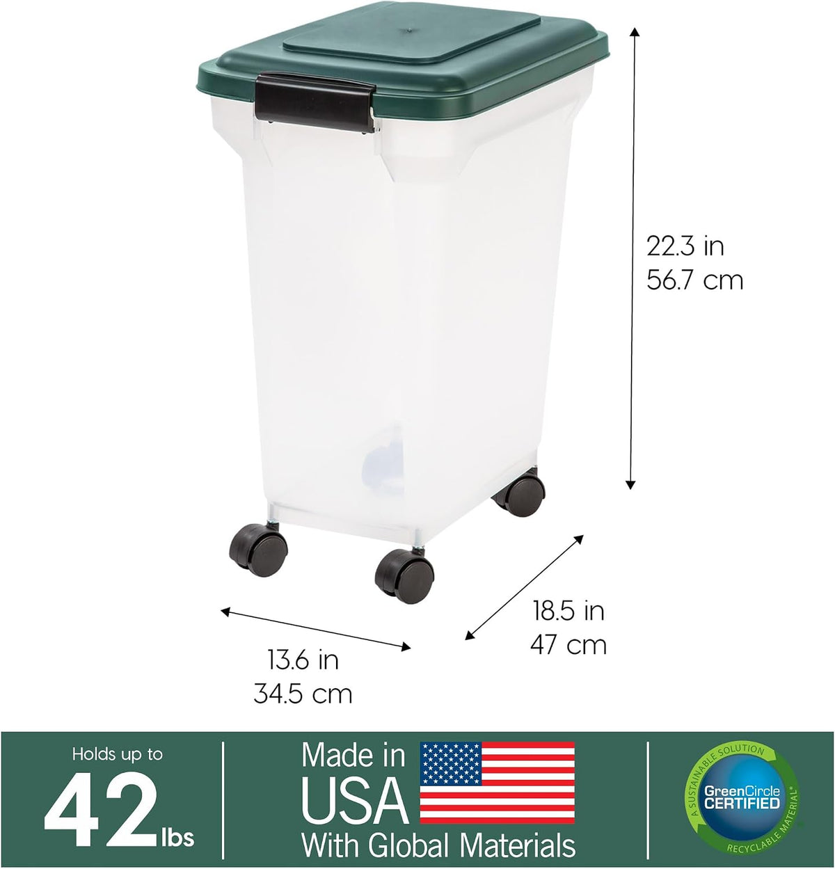 Airtight Pet Food Container, Up to 30 lbs & 11 lbs, Green | Airtight Seal, BPA-Free, 2-Cup Scoop, Stackable Design, Rolling Wheels, Dual Storage