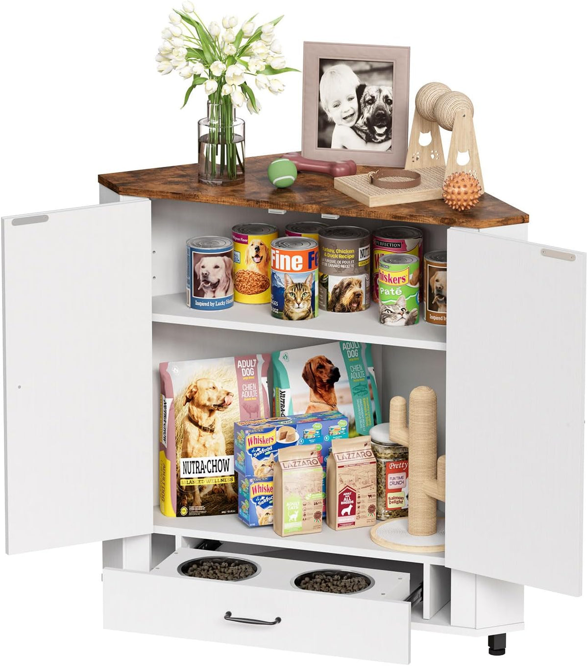 Farmhouse Dog Food Storage Corner Cabinet, Dog Feeding Station with 2 Hidden Bowls, Adjustable Panel, 4 Hooks, Pet Feeding Station Corner Cabinet for Medium, Small Sized Dogs