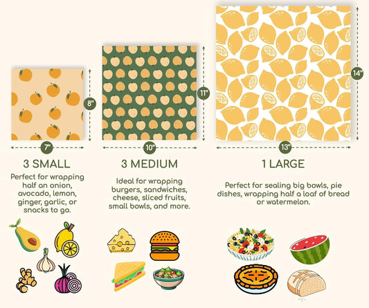 Reusable Beeswax Food Wraps Summer Orchard – Non Toxic, Plastic Free, Silicone Free, Sustainable, Environmentally Friendly, Organic Cotton Beeswax Wraps (S, M, L)