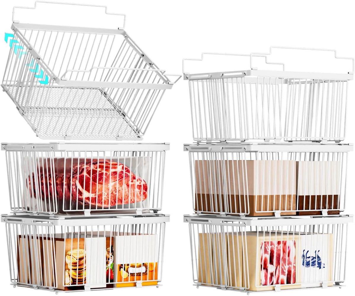 Large Freezer Organizer Bins,Upgraded Bottom Leak-Proof net,Fit 5 to 9 Cu Ft Chest Freezer,4 Pack, Expandable Stackable Chest Freezer Containers with Handle (White-4P)