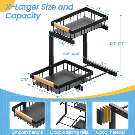 2 Pack Under Sink Organizers and Storage, Height Adjustable 2-Tier Pull Out Cabinet Organizer, Heavy Duty Slide Out Sink Shelf Drawer for Kitchen Bathroom Organization