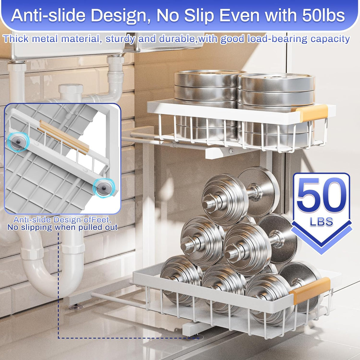 2 Pack Under Sink Organizers and Storage, Height Adjustable 2-Tier Pull Out Cabinet Organizer, Heavy Duty Slide Out Sink Shelf Drawer for Kitchen Bathroom Organization