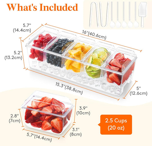 Taco Bar Serving Set for Party with 4 x 20 oz Containers, Ice Chilled Condiment Caddy Organizer, Garnish Serving Tray Platter for Mimosa Bar Accessories, Fruit, Salad, Food
