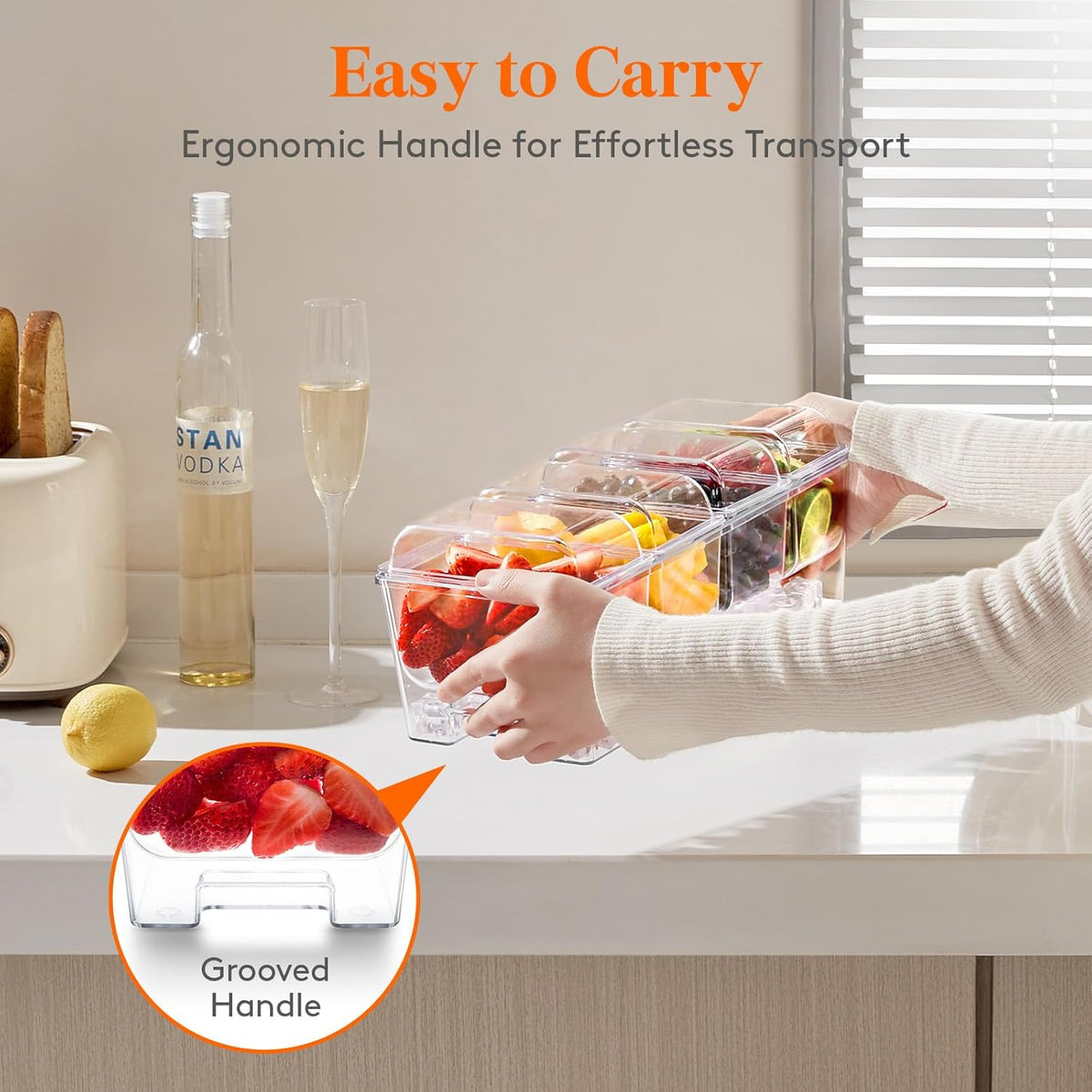 Taco Bar Serving Set for Party with 4 x 20 oz Containers, Ice Chilled Condiment Caddy Organizer, Garnish Serving Tray Platter for Mimosa Bar Accessories, Fruit, Salad, Food